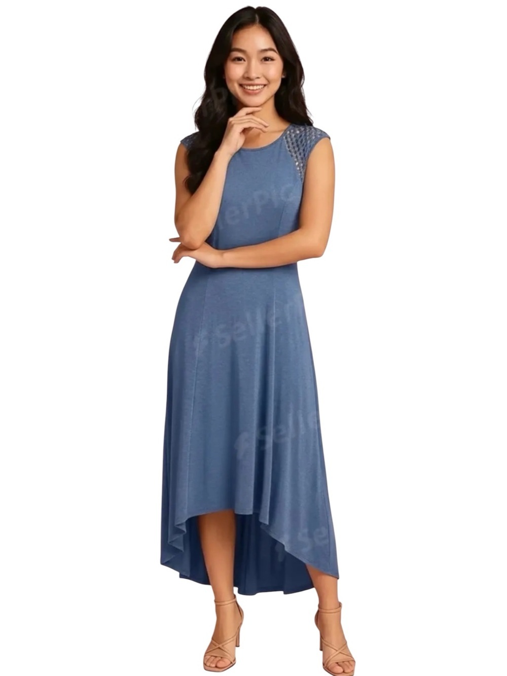 Chico's High Low Maxi Dress Slate Blue Stretch Knit Lattice at Shoulders Small P